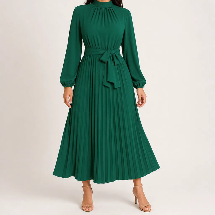 Coralie | Long Sleeve Pleated Belted Midi Dress - Color:Green;Size:XS