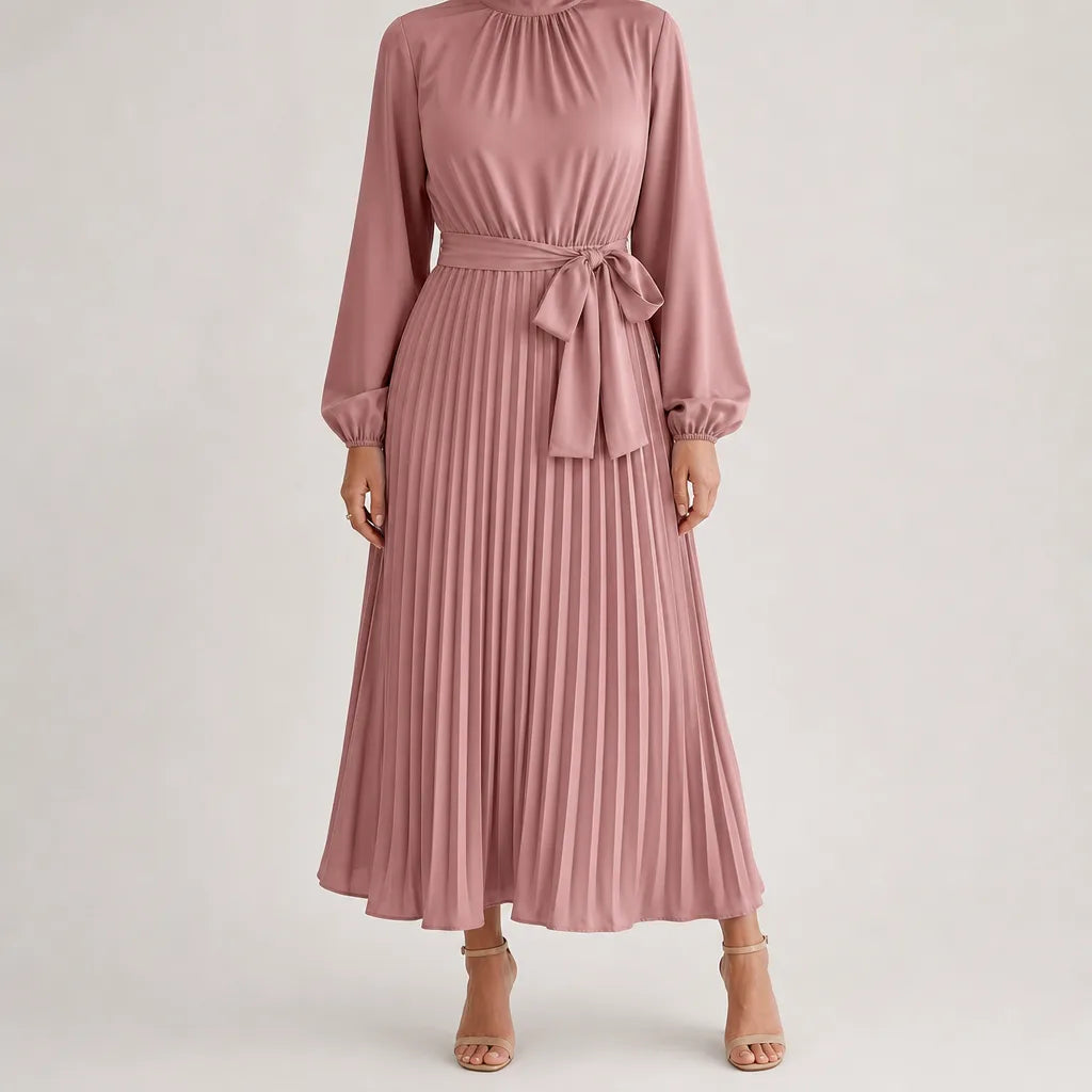 Coralie | Long Sleeve Pleated Belted Midi Dress - Color:Pink;Size:XS