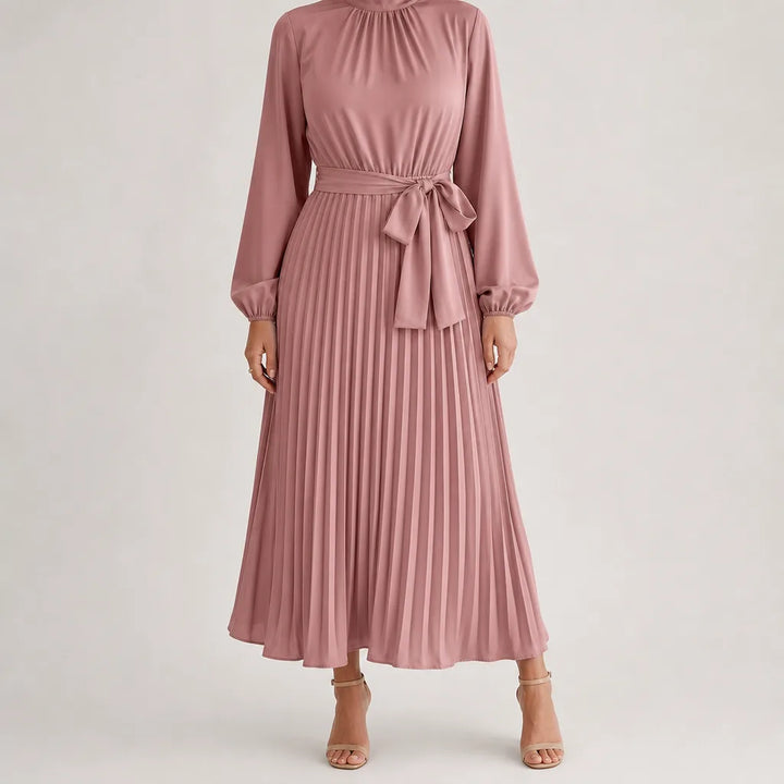 Coralie | Long Sleeve Pleated Belted Midi Dress - Color:Pink;Size:XS