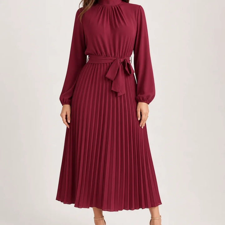 Coralie | Long Sleeve Pleated Belted Midi Dress - Color:Red;Size:XS
