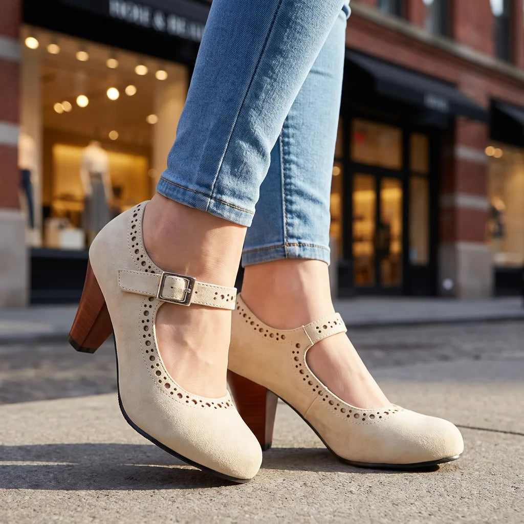 Cordelia | Womens Mary Jane Heel Shoes - Color:Beige;Size:35