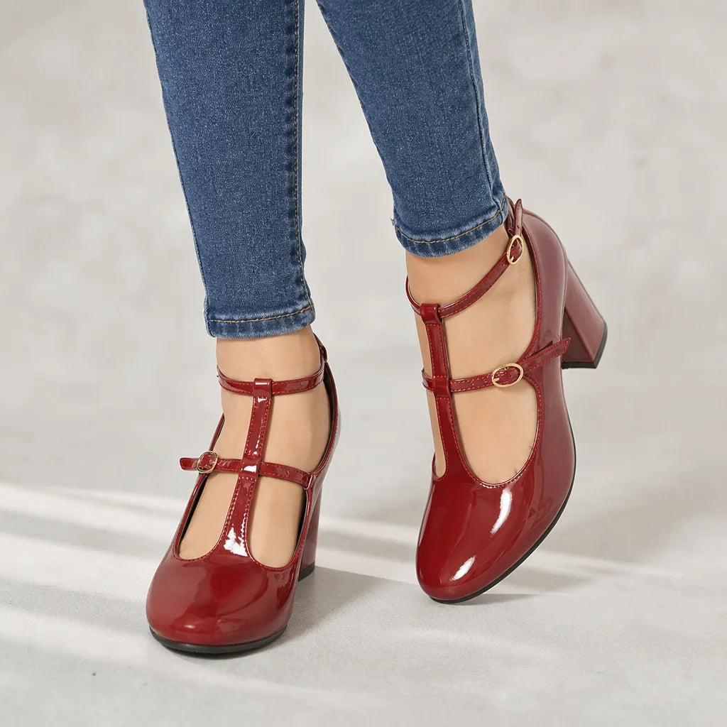 Danna | Women's Orthopedic Ankle-Strap Mary Jane Heels - Color:Burgundy;Size:37