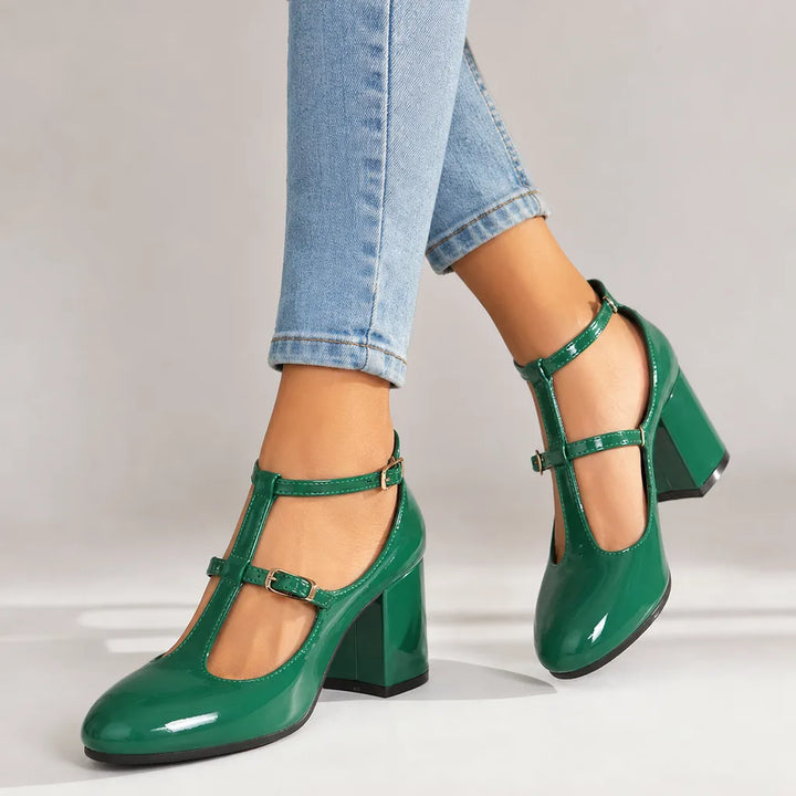 Danna | Women's Orthopedic Ankle-Strap Mary Jane Heels - Color:Green;Size:37