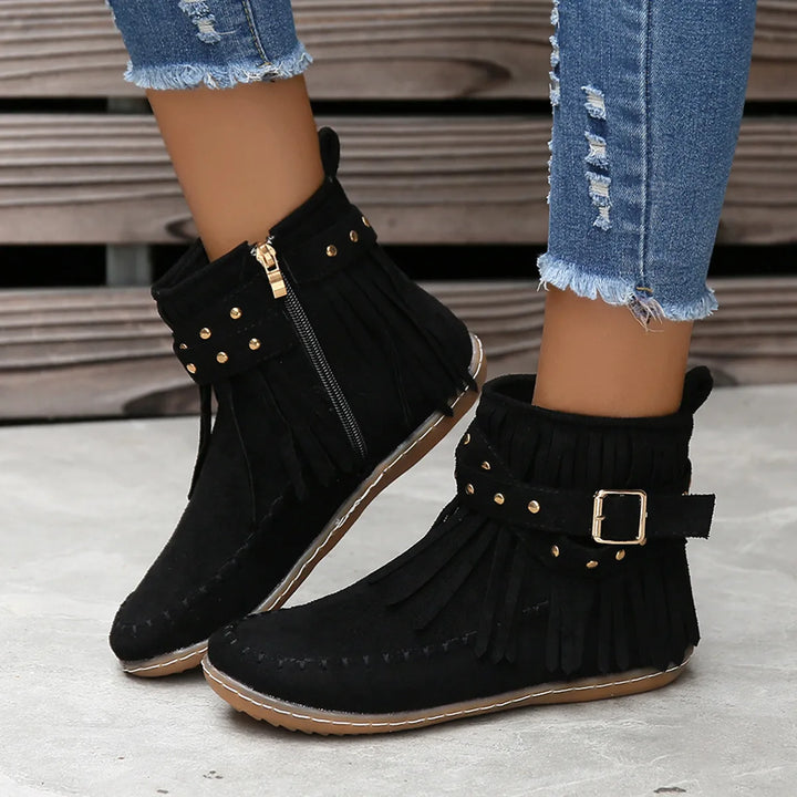 Delia | Women's Fringed Western Ankle Boots - Color:Black;Size:36