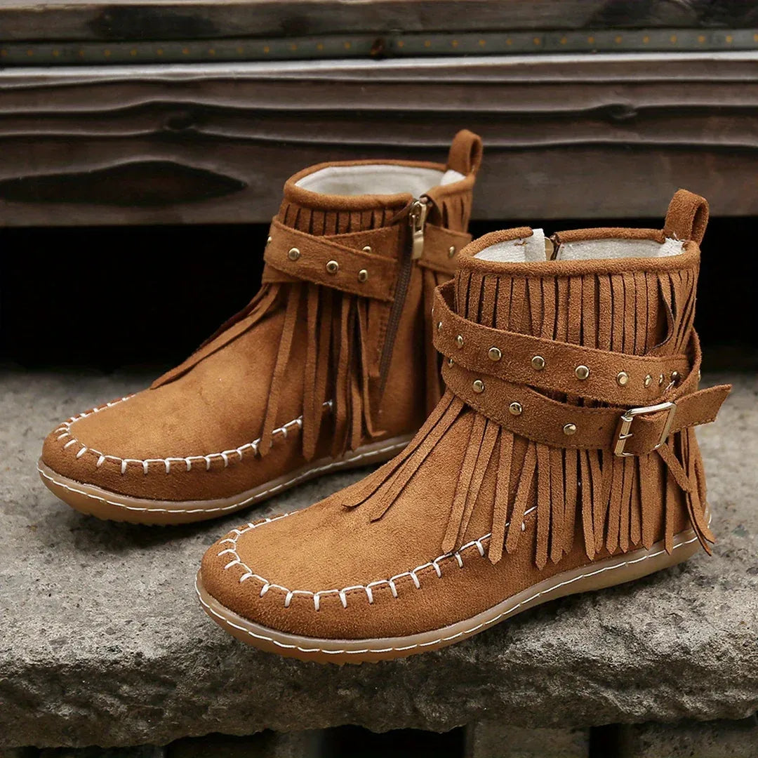 Delia | Women's Fringed Western Ankle Boots - Color:Brown;Size:36