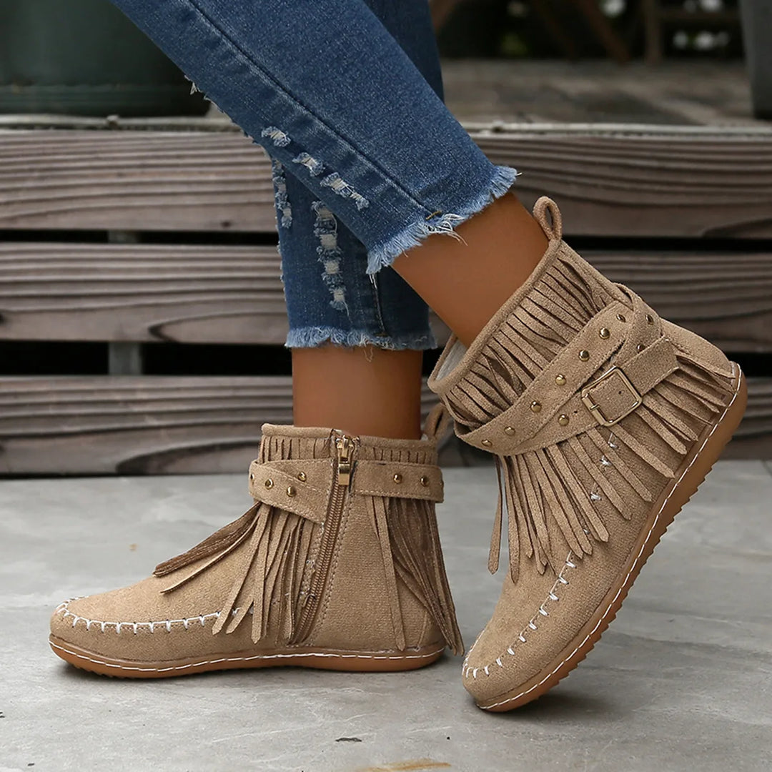 Delia | Women's Fringed Western Ankle Boots - Color:Off-White;Size:36