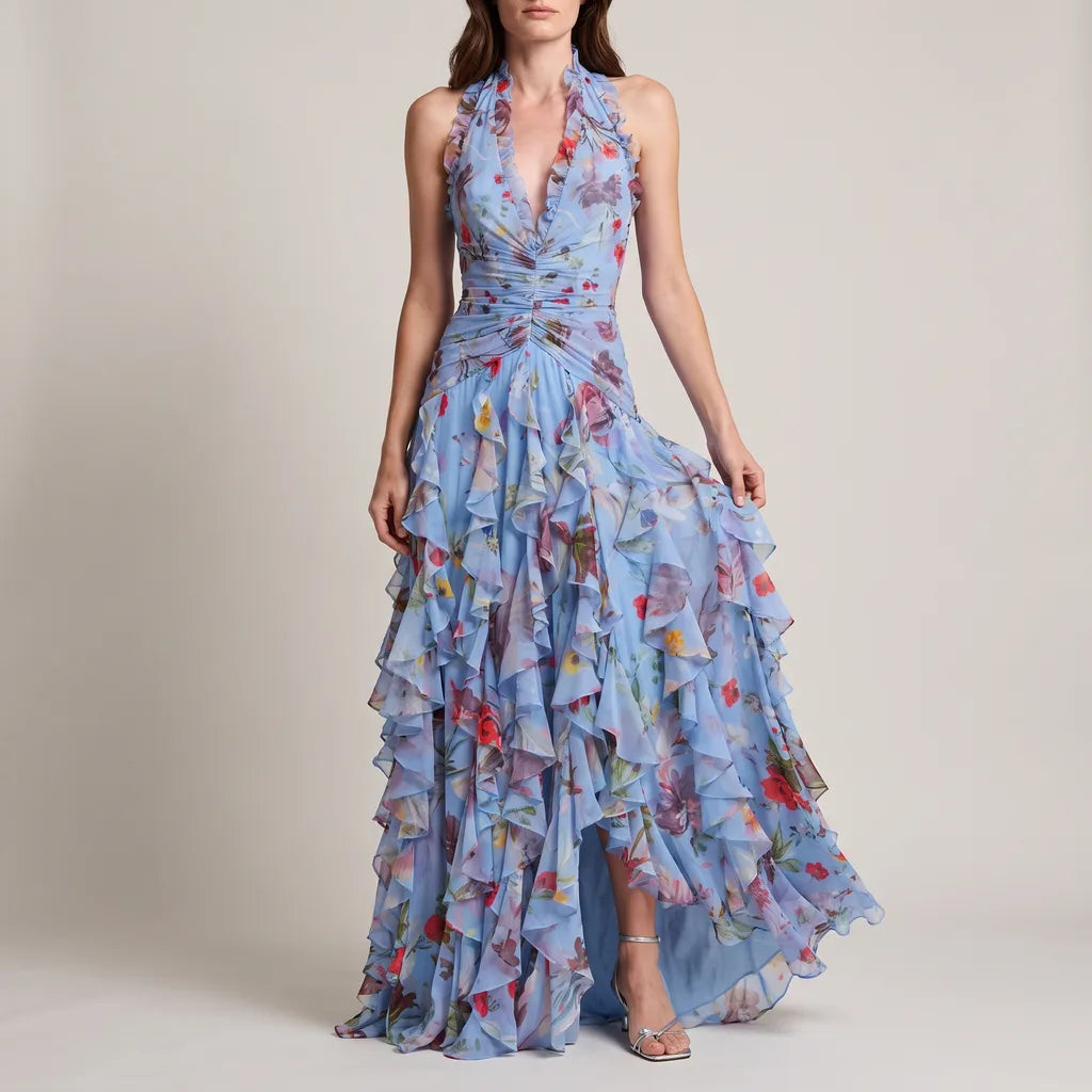 Delores Ruffle Maxi Dress - Color:Blue;Size:S
