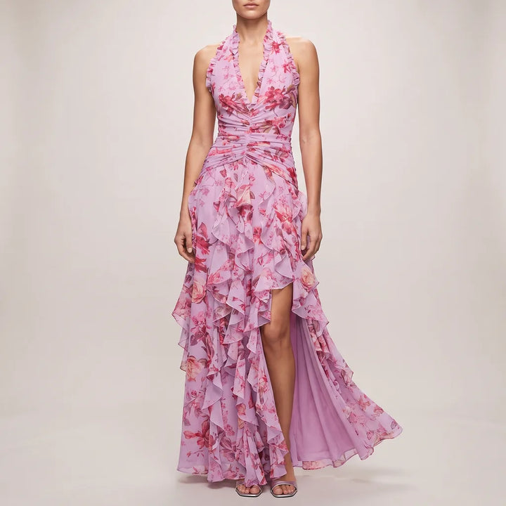 Delores Ruffle Maxi Dress - Color:Pink;Size:S