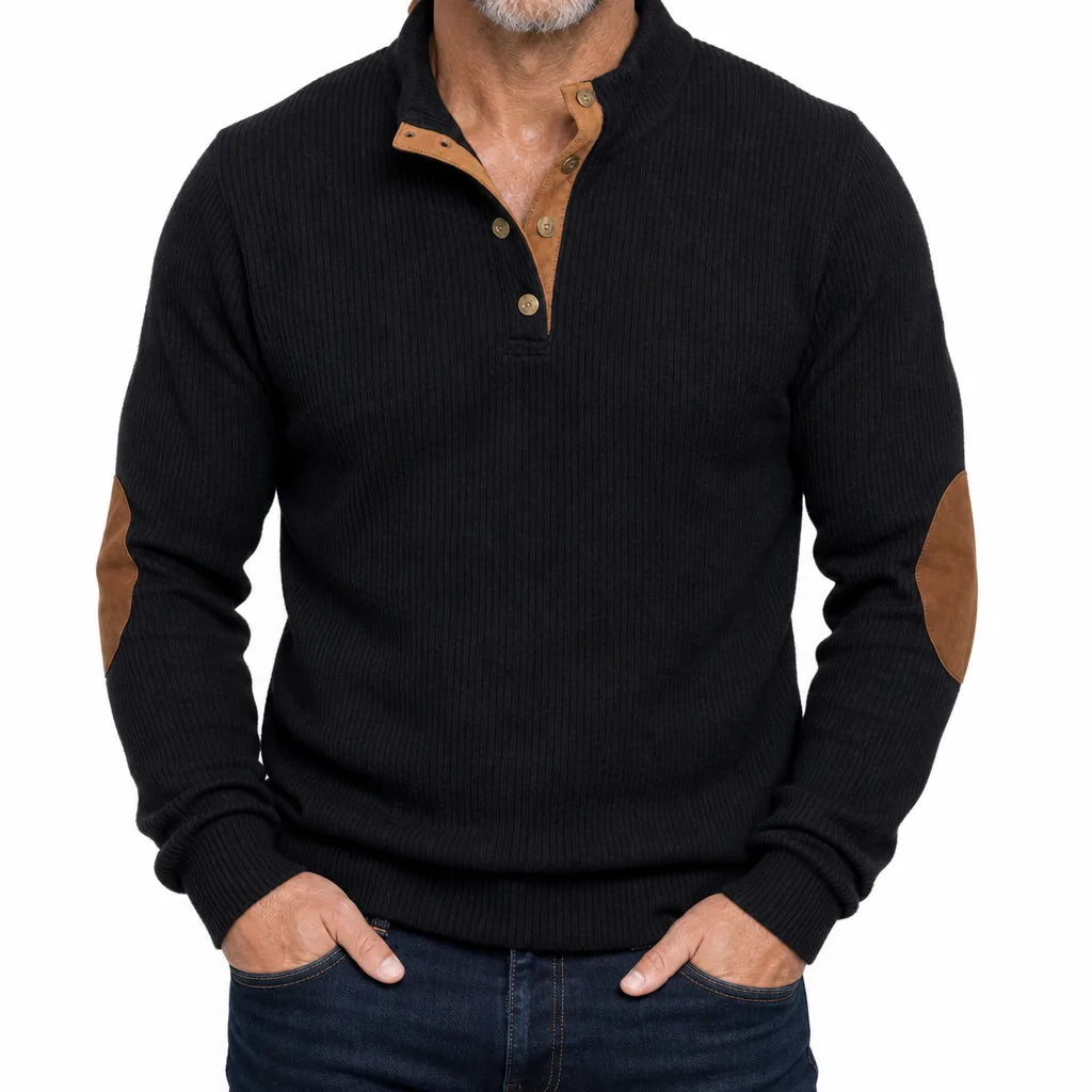 Delroy |  Ribbed Button-Neck Sweater for Fall - Color:Black;Size:XS
