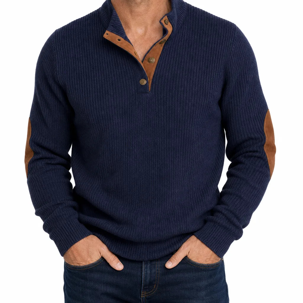 Delroy |  Ribbed Button-Neck Sweater for Fall - Color:Blue;Size:XS