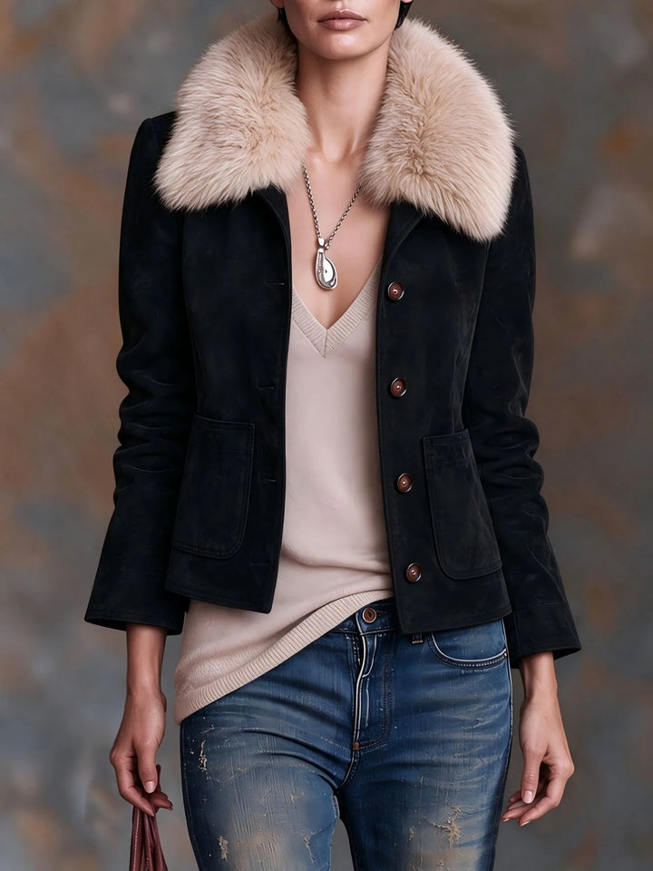 Diane | Women's Fur Collar Jacket   - Color:Black;Size:XS