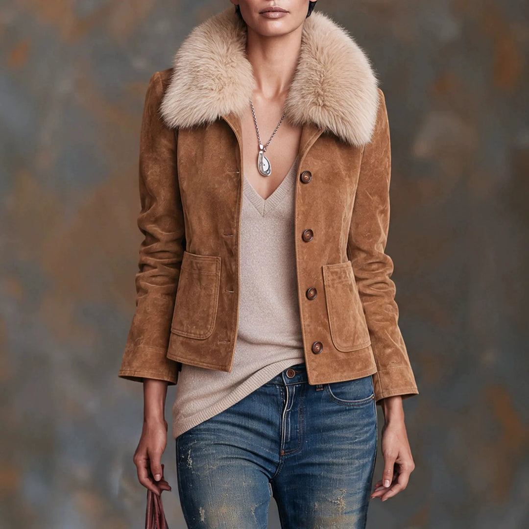 Diane | Women's Fur Collar Jacket   - Color:Khaki;Size:XS