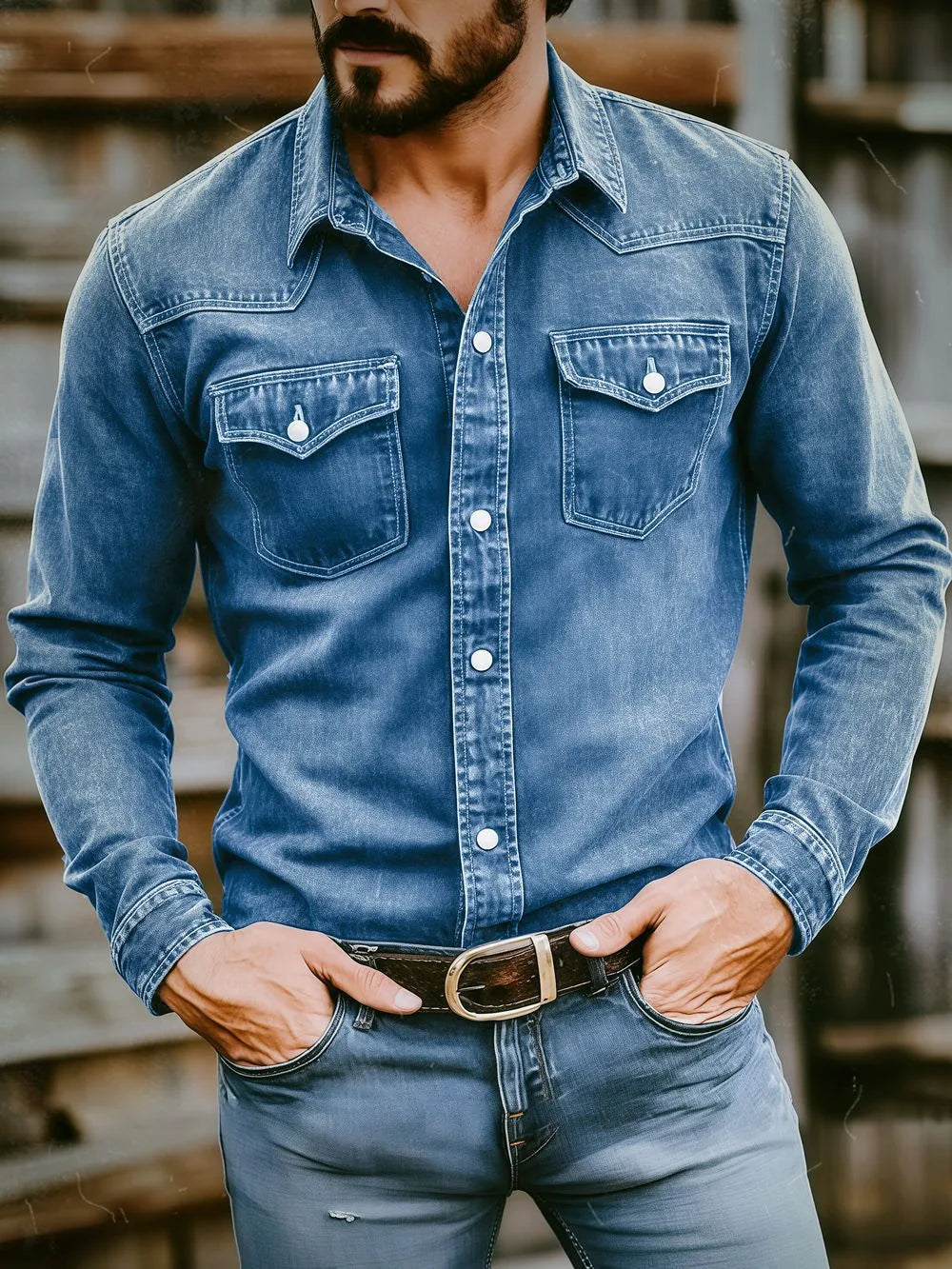 Dion | Men's Western Long Sleeve Shirt  - Color:Blue;Size:S