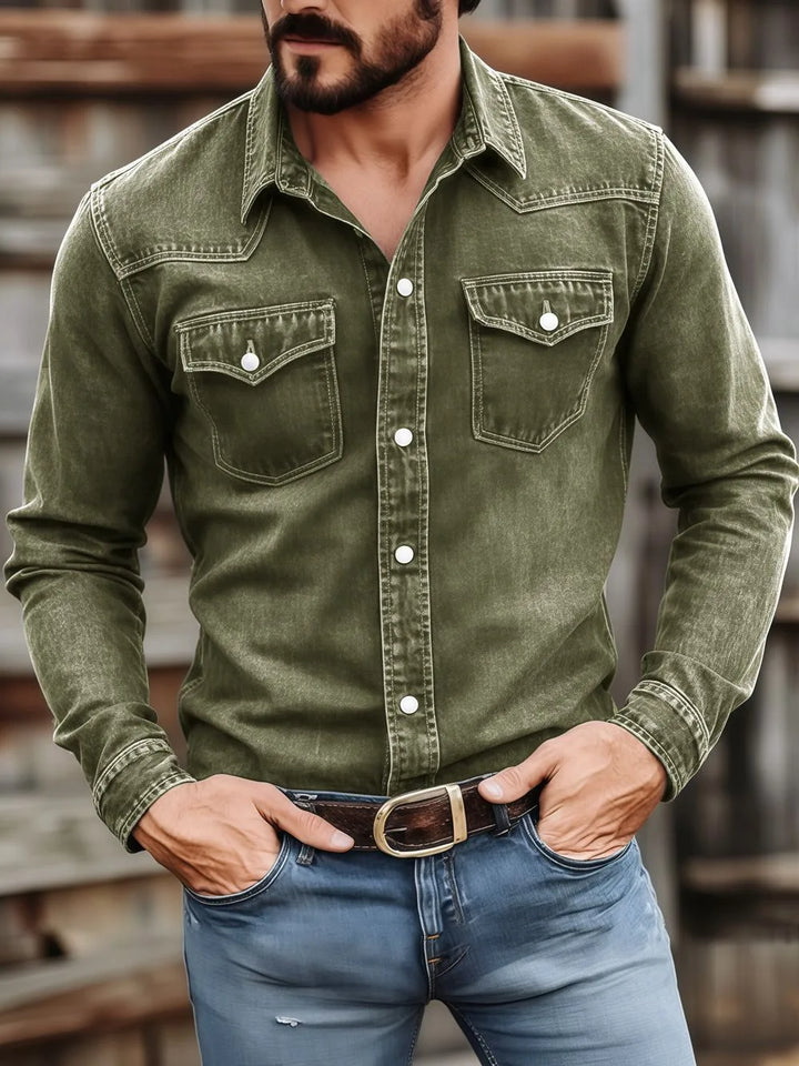 Dion | Men's Western Long Sleeve Shirt  - Color:Green;Size:S