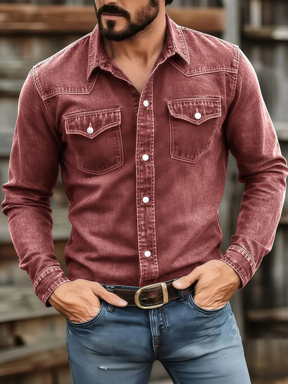 Dion | Men's Western Long Sleeve Shirt  - Color:Red;Size:S