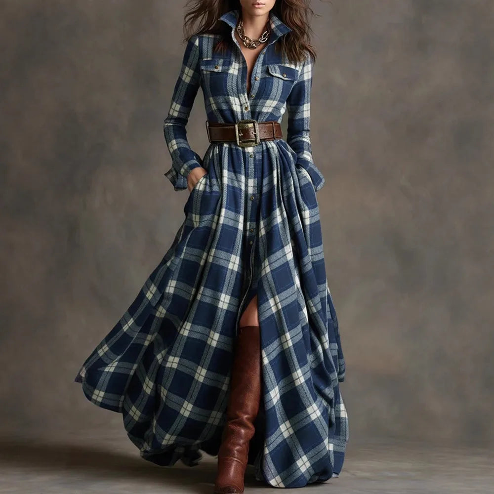 Dora | Women's Vintage Belted Dress Shirt - Size:S;Color:Blue