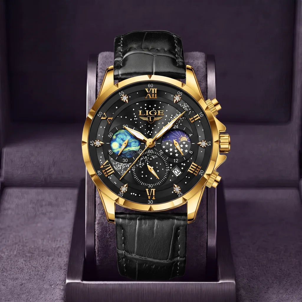 Driscoll | Men's Leather Vintage Watch - Color:Black Strap Gold Black