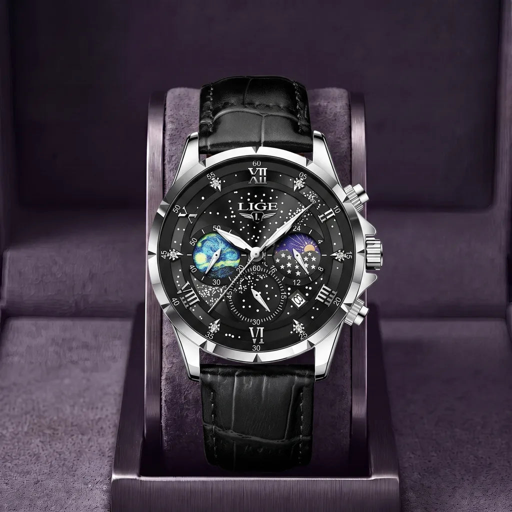 Driscoll | Men's Leather Vintage Watch - Color:Black Strap Silver Black