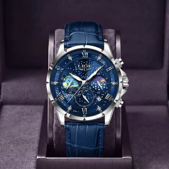 Driscoll | Men's Leather Vintage Watch - Color:Blue Strap Silver Blue
