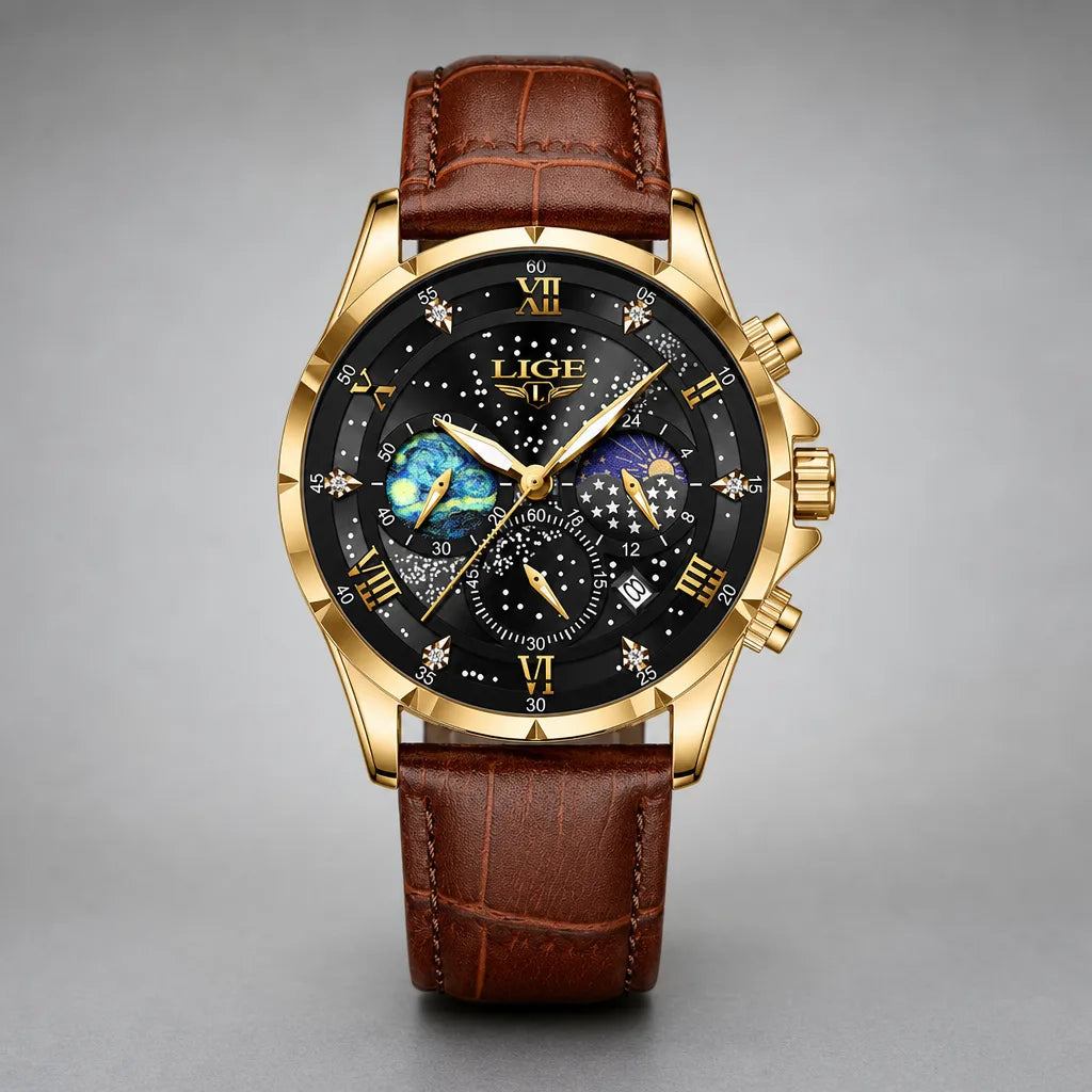 Men's Brown Strap Gold Black Driscoll Luminous Quartz Watch