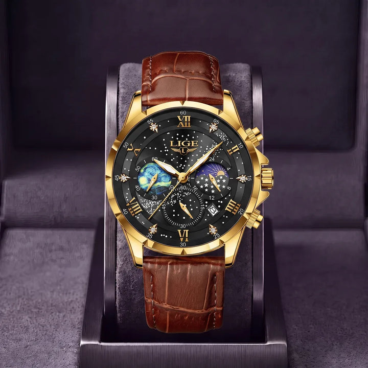 Driscoll | Men's Leather Vintage Watch - Color:Brown Strap Gold Black