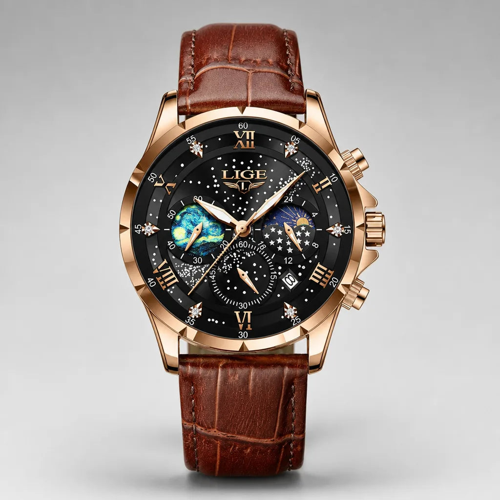 Men's Brown Strap Rose Black Driscoll Luminous Quartz Watch