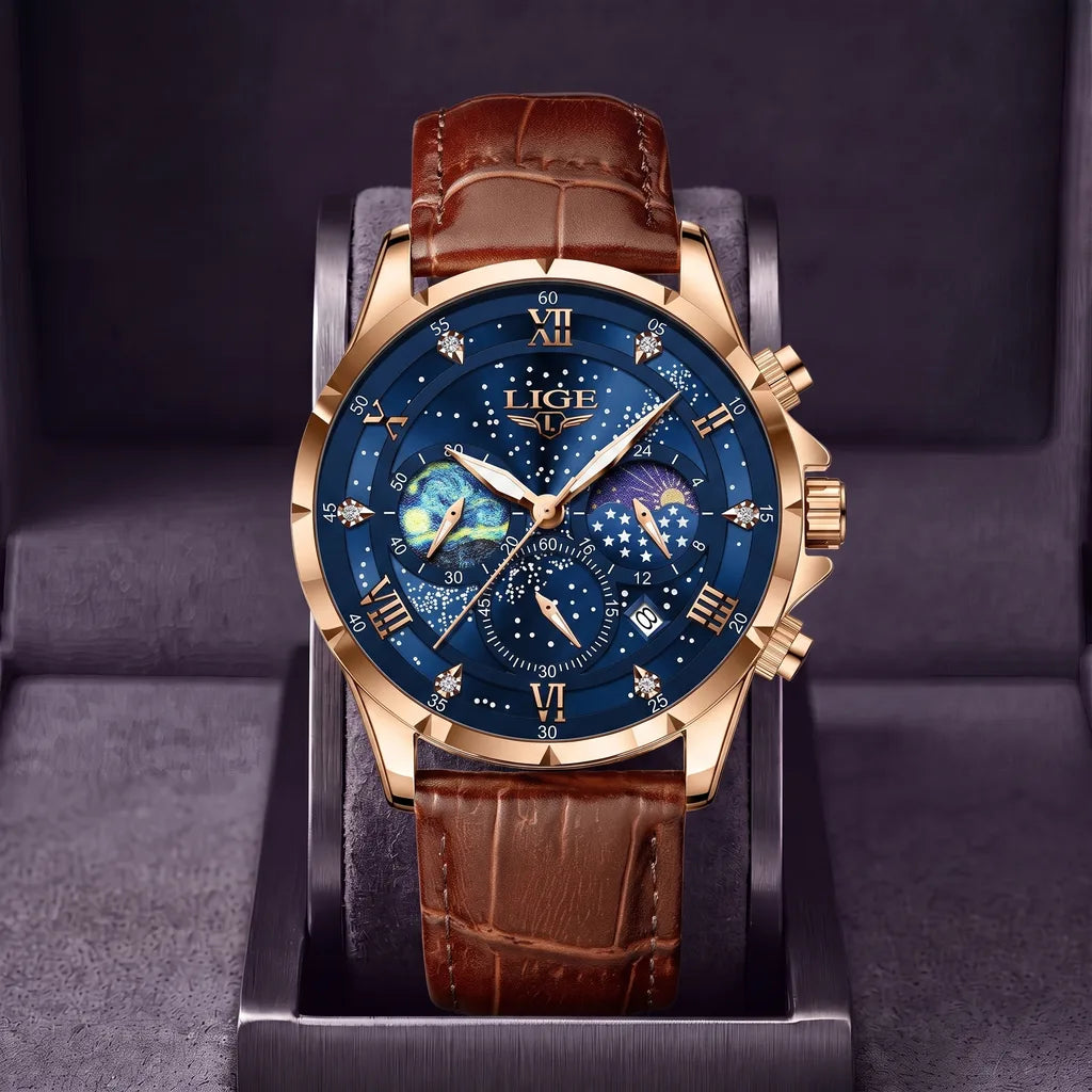 Driscoll | Men's Leather Vintage Watch - Color:Brown Strap Rose Blue