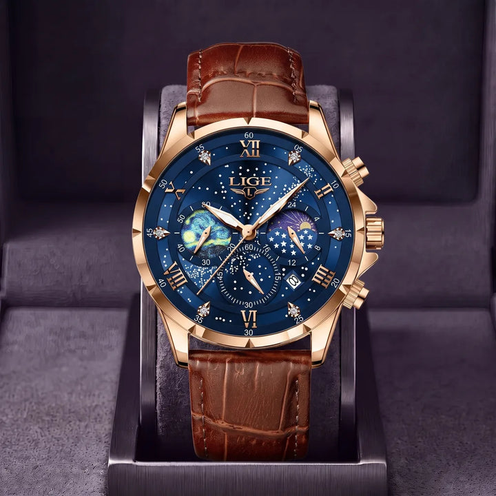 Driscoll | Men's Leather Vintage Watch - Color:Brown Strap Rose Blue