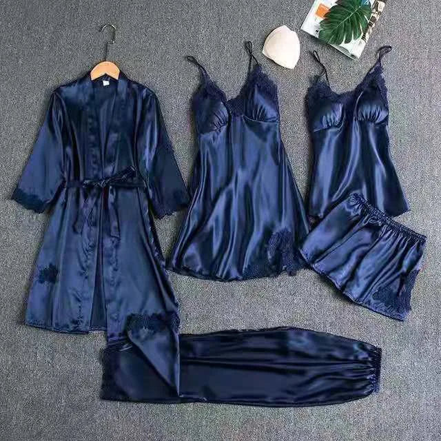 Eileen | Women's Elegant Five-Piece Pajama Set  - Color:Blue;Size:XS