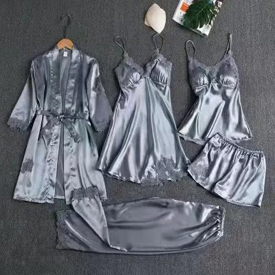 Eileen | Women's Elegant Five-Piece Pajama Set  - Color:Light Blue;Size:XS