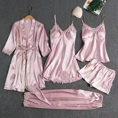 Eileen | Women's Elegant Five-Piece Pajama Set  - Color:Pink;Size:XS