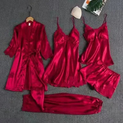 Eileen | Women's Elegant Five-Piece Pajama Set  - Color:Red;Size:XS
