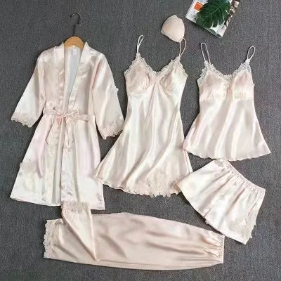 Eileen | Women's Elegant Five-Piece Pajama Set  - Color:White Gold;Size:XS