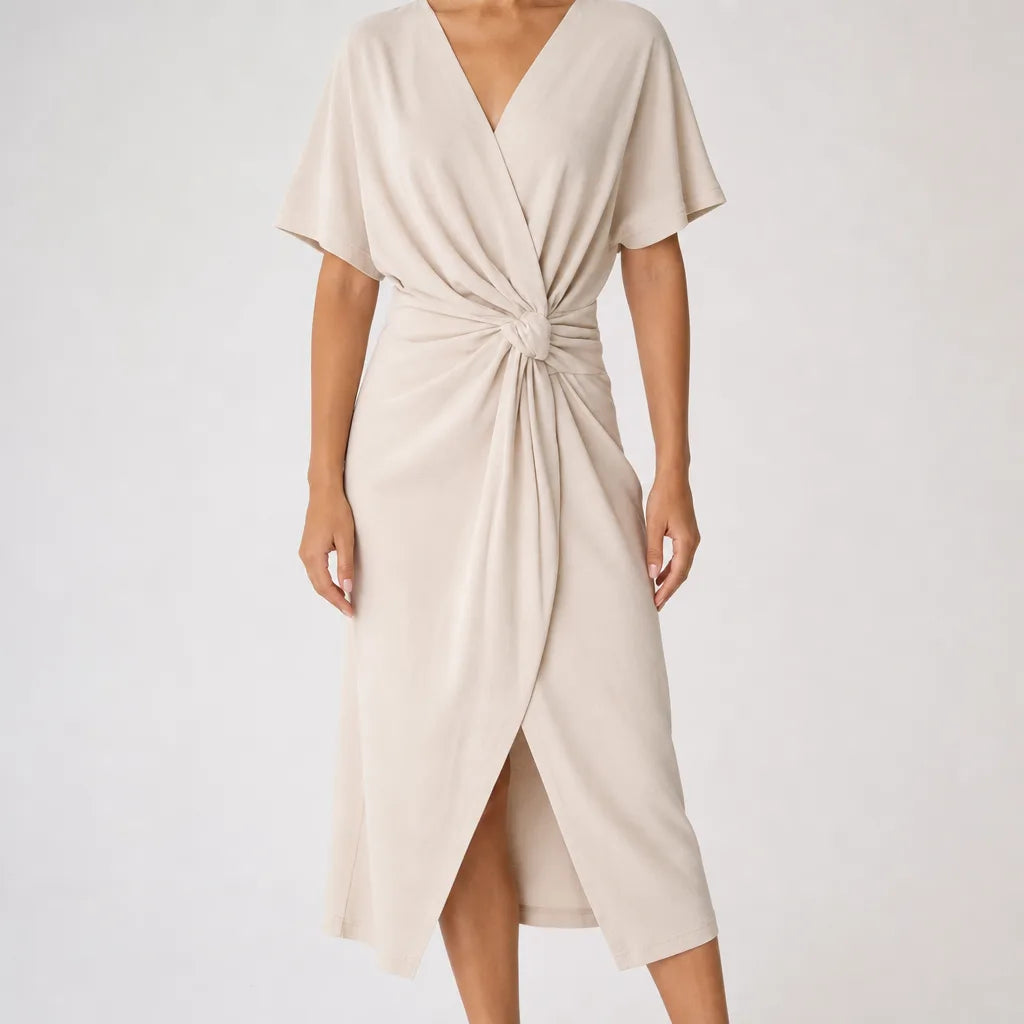 Eleanor | Women's Midi Fall Wedding Guest Dress - Color:Beige;Size:XS