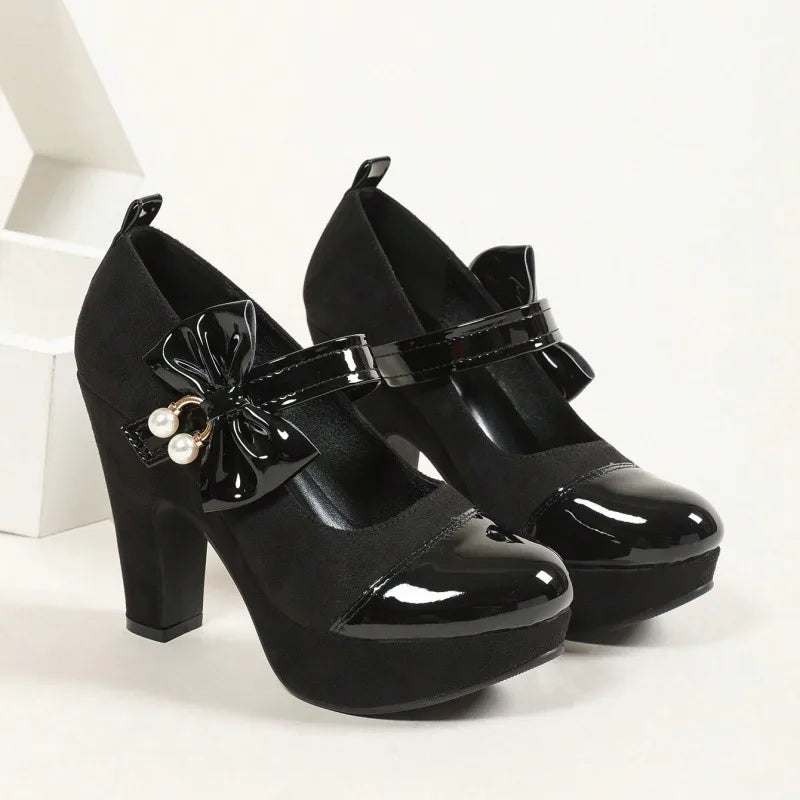 Elena | Women's Patent Bow Mary Jane Shoes - Color:Black;Size:35