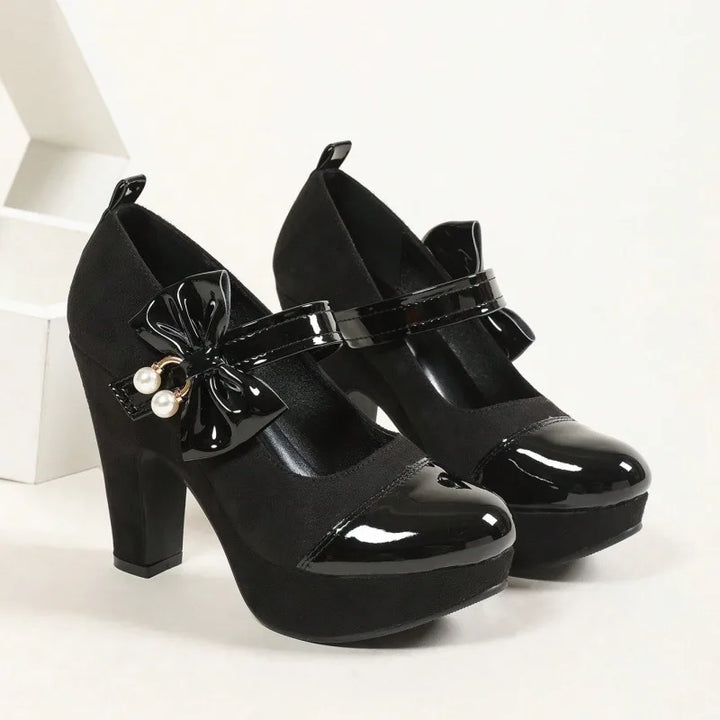 Elena | Women's Patent Bow Mary Jane Shoes - Color:Black;Size:35