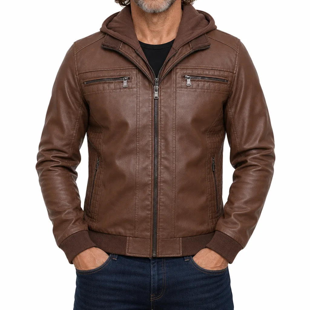 Elias | Fall Warm Leather Jacket - Color:Brown;Size:XS