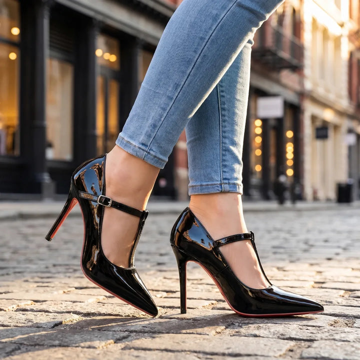 Women's Black Navarro T-Strap Pumps