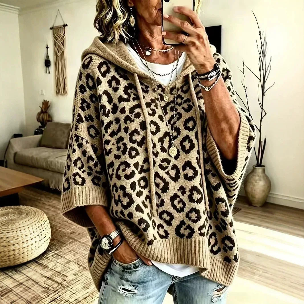 Elizabeth | Women's Animal Print Hoodie Sweater  - Size:XS;Color:Khaki