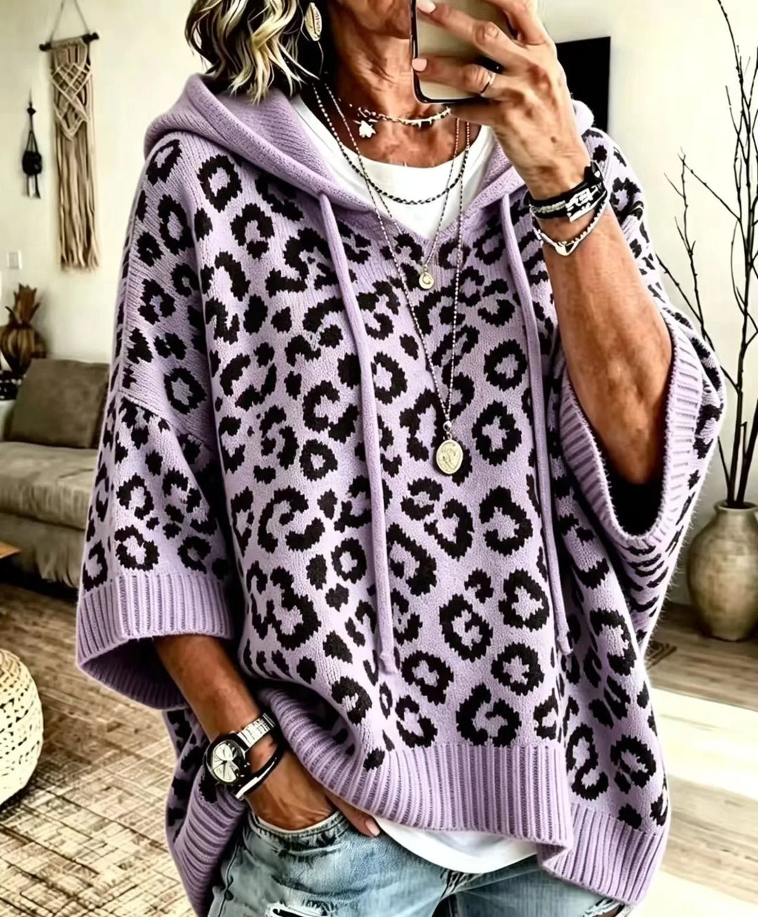 Elizabeth | Women's Animal Print Hoodie Sweater  - Size:XS;Color:Purple