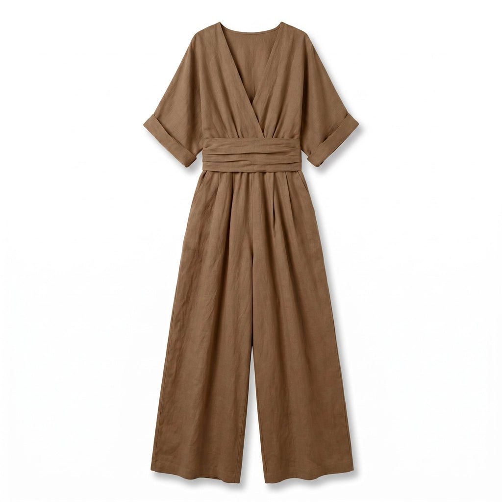 Ella V-Neck Wide-Leg Jumpsuit - Color:Dark Brown;Size:XS