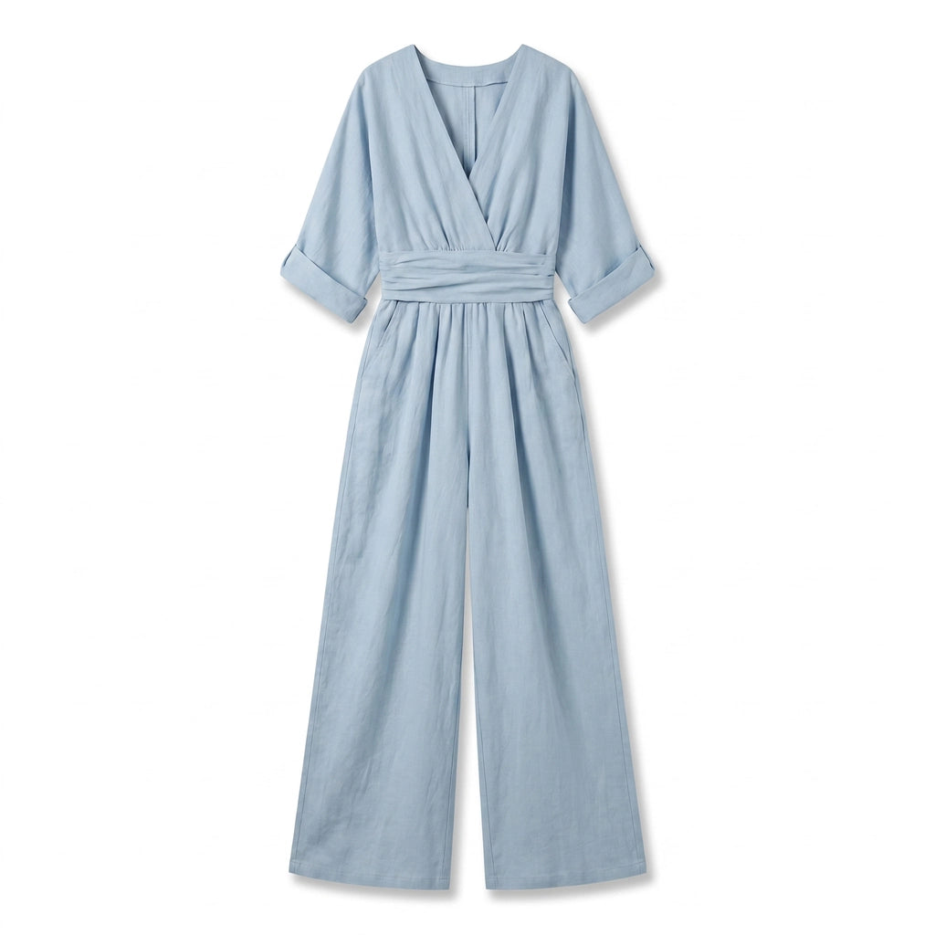 Ella V-Neck Wide-Leg Jumpsuit - Color:Light Blue;Size:XS