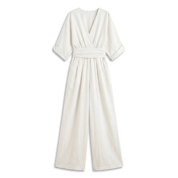 Ella V-Neck Wide-Leg Jumpsuit - Color:White;Size:XS