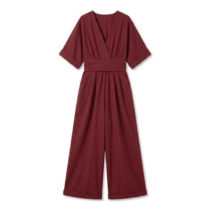 Ella V-Neck Wide-Leg Jumpsuit - Color:Wine Red;Size:XS