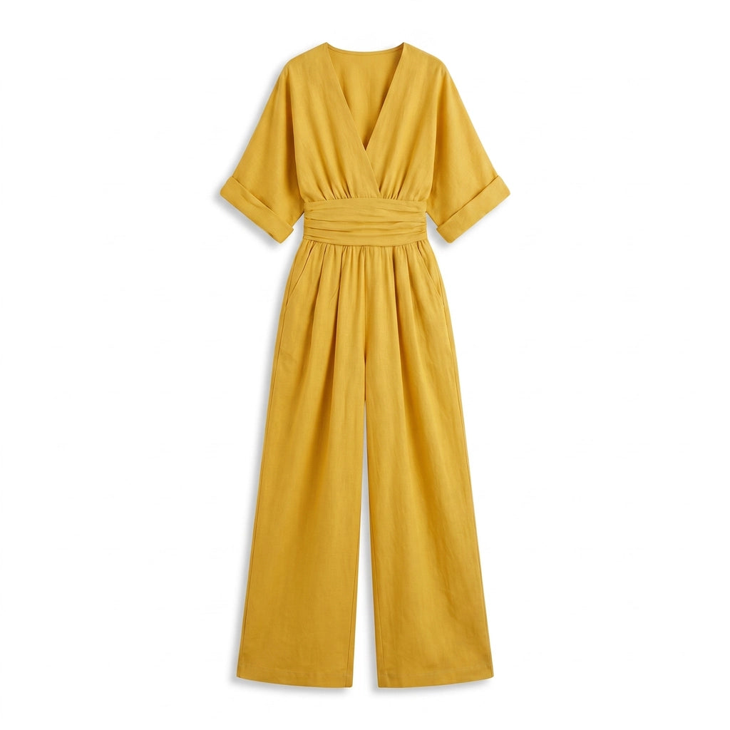 Ella V-Neck Wide-Leg Jumpsuit - Color:Yellow;Size:XS