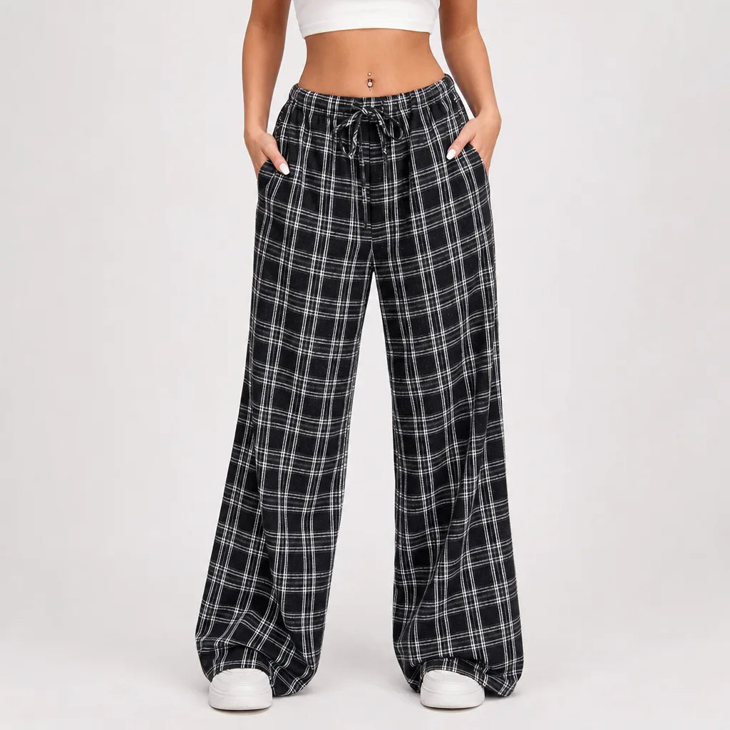 Elodie | Women's Fall Checkered Baggy Sweatpants - Color:Black and White;Size:XS