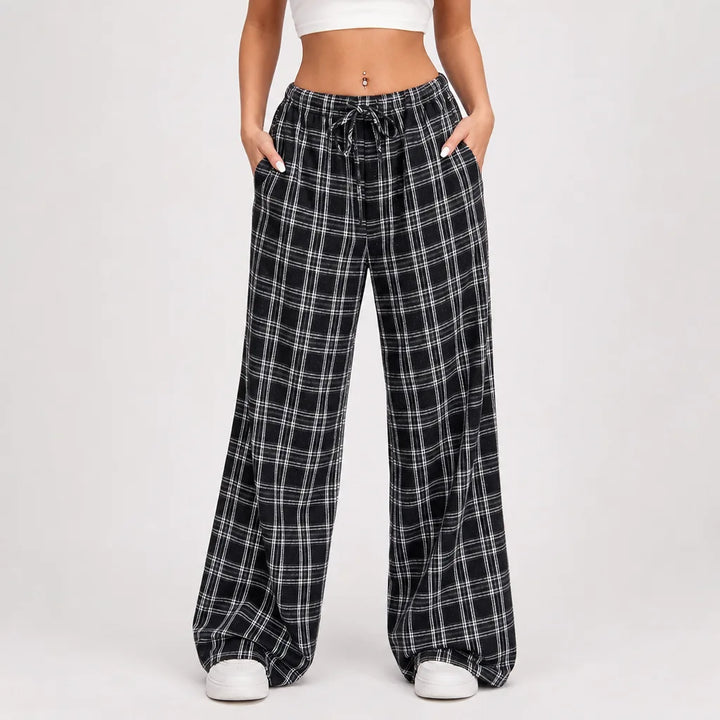 Elodie | Women's Fall Checkered Baggy Sweatpants - Color:Black and White;Size:XS