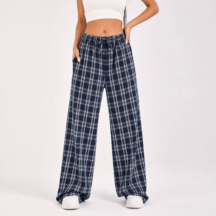 Elodie | Women's Fall Checkered Baggy Sweatpants - Color:Blue;Size:XS