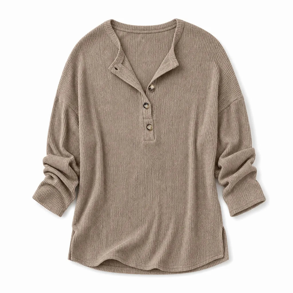Elowen Ribbed Half-Placket Pullover - Color:Beige;Size:XS