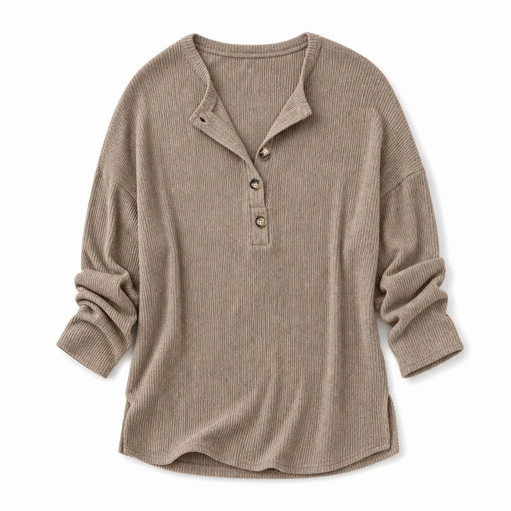 Elowen Ribbed Half-Placket Pullover - Color:Beige;Size:XS